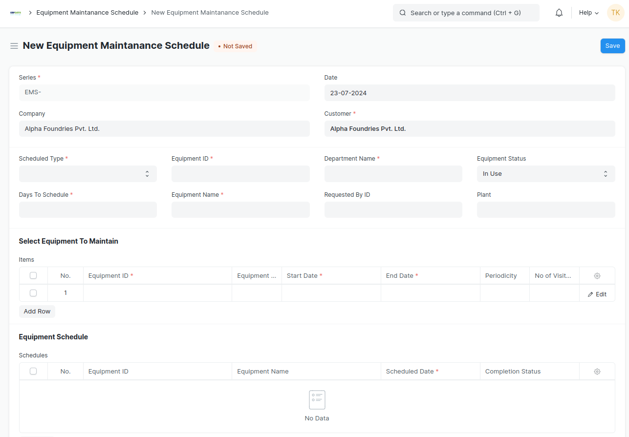 Equipment Maintenance Schedule Form